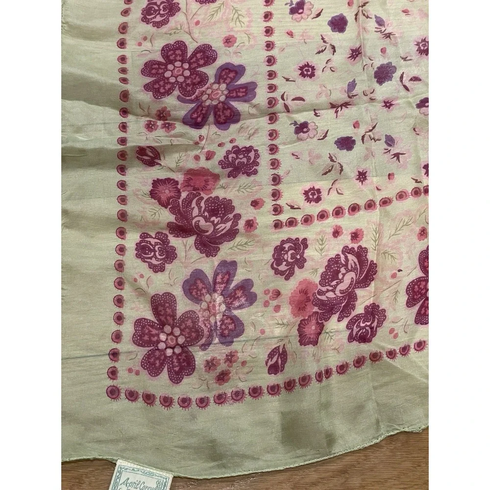 April Cornell Light Green and Purple/Pink Silk Floral Scarf, NWT
